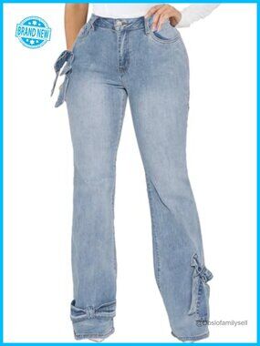 Women's High Waist Flared Wide Leg Ripped Denim Jeans with Bow Tie Hem